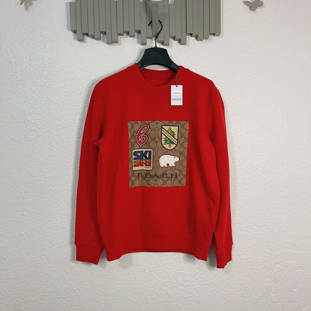 Coach CE457 Sm Signature Ski Crewneck Fleece Sweatshirt Red Catskills NWT $298